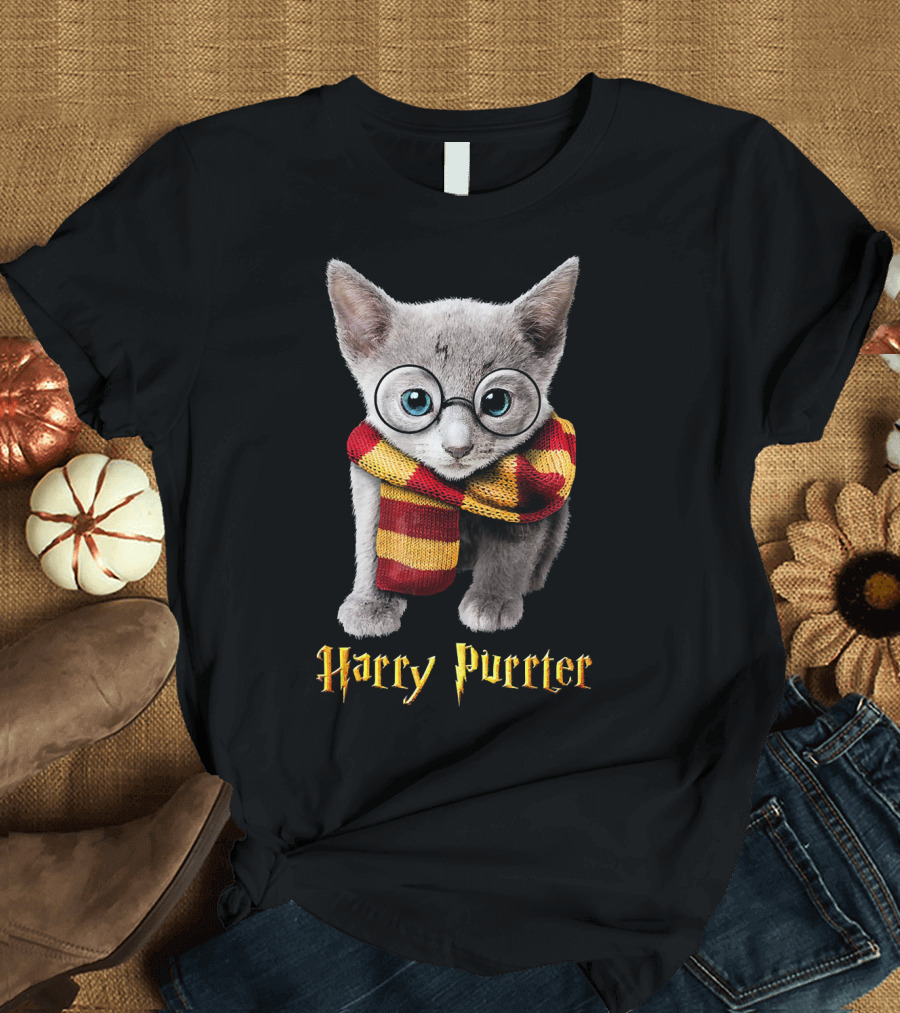Harry Purrter Cute Funny Cat with Glasses and Scarf T-Shirt
