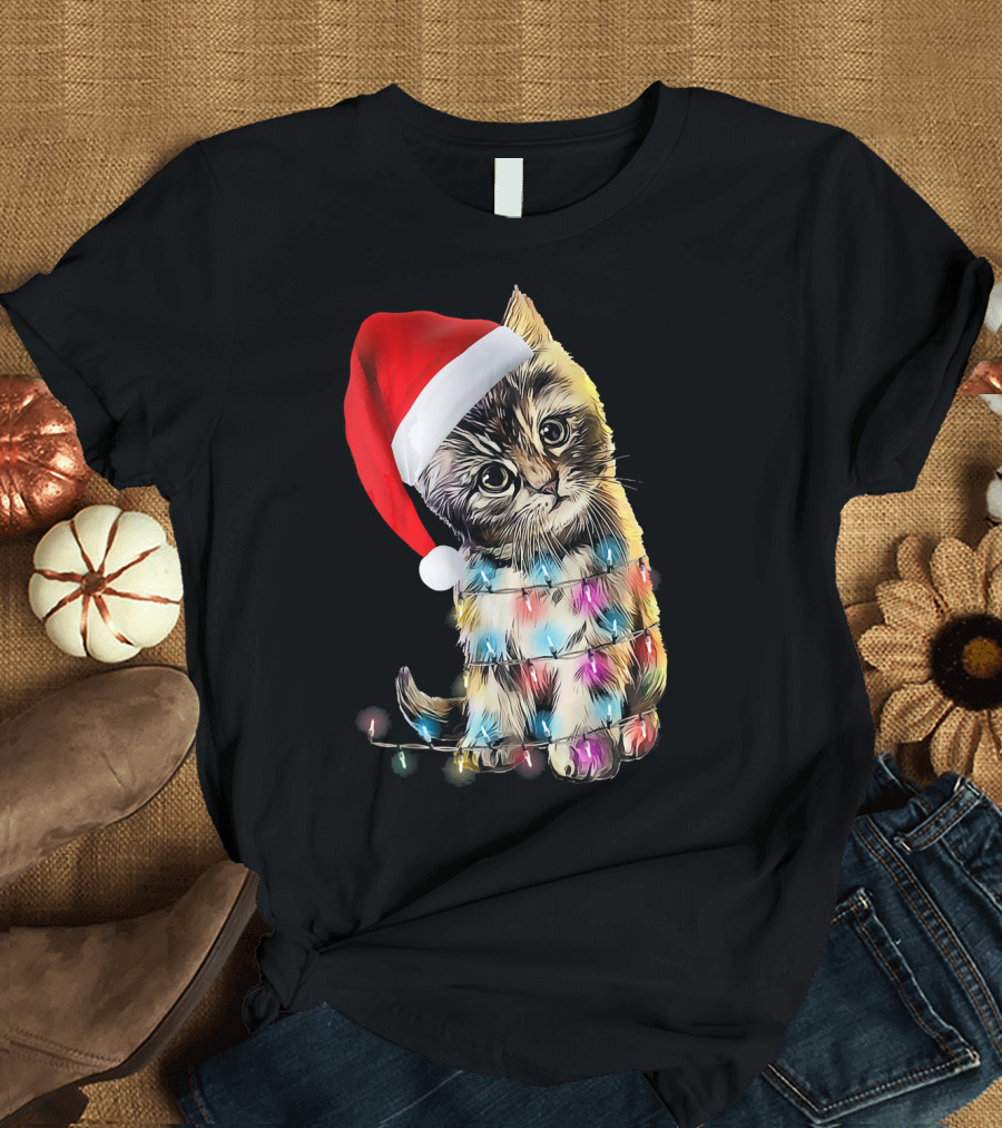 Xmas Cats Santa Hat Christmas Lights T-Shirt