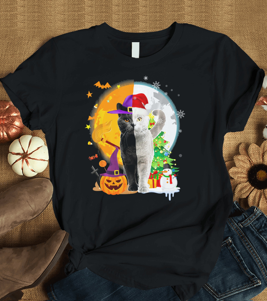 Cat Halloween Christmas Pumpkin Snowman Tree T-Shirt