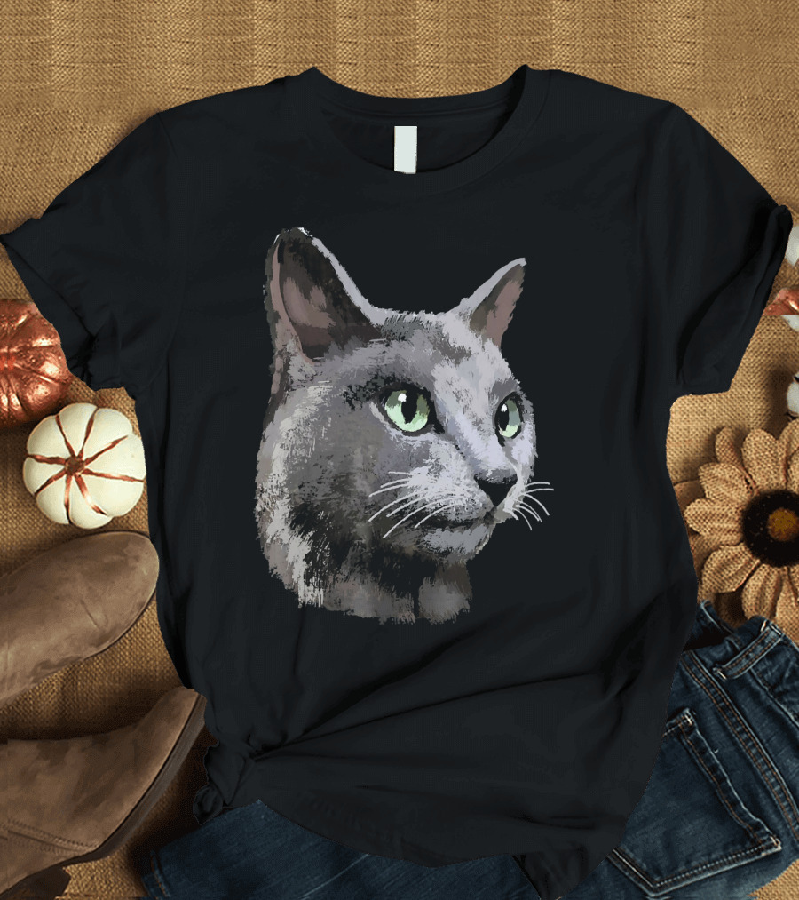 Russian Blue Cat Portrait Realistic T-Shirt