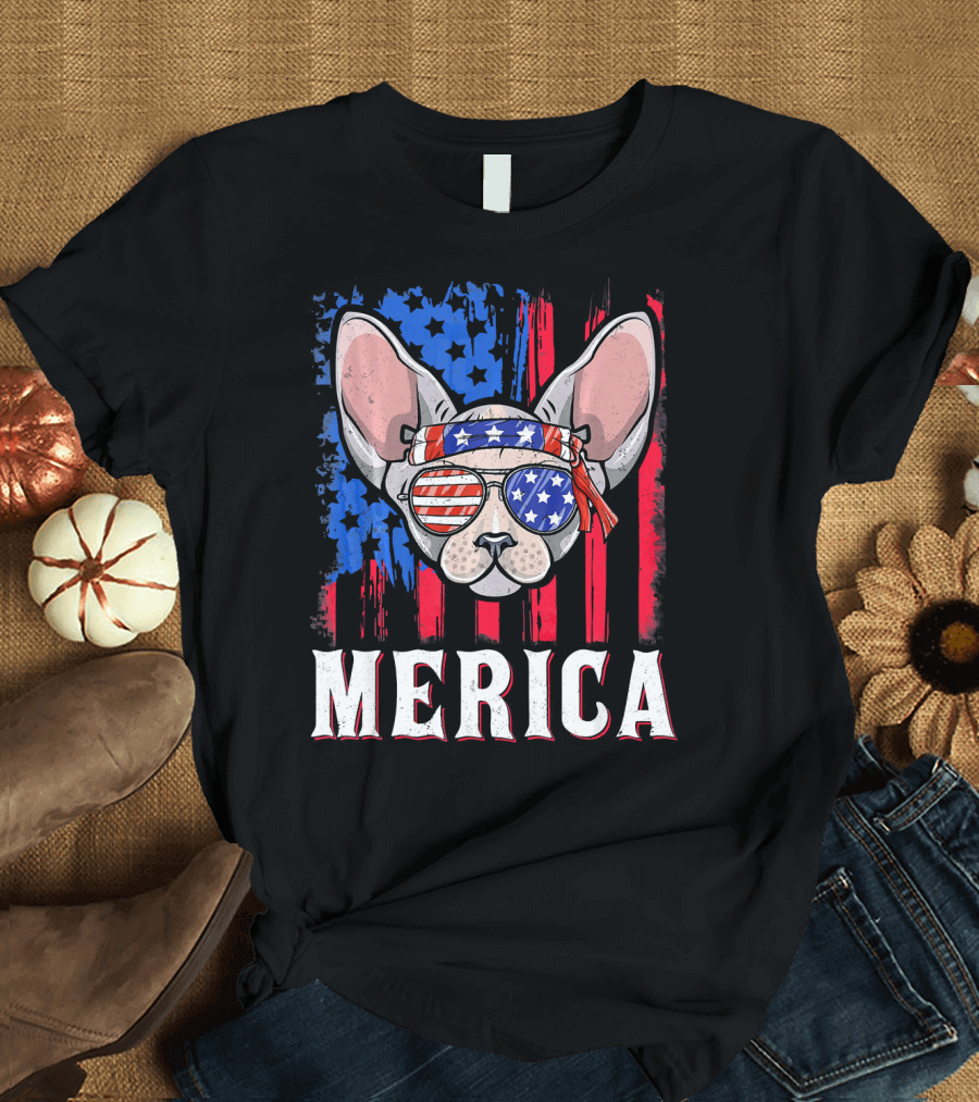 Merica Sphynx Cat with American Flag Sunglasses and Bandana T-Shirt