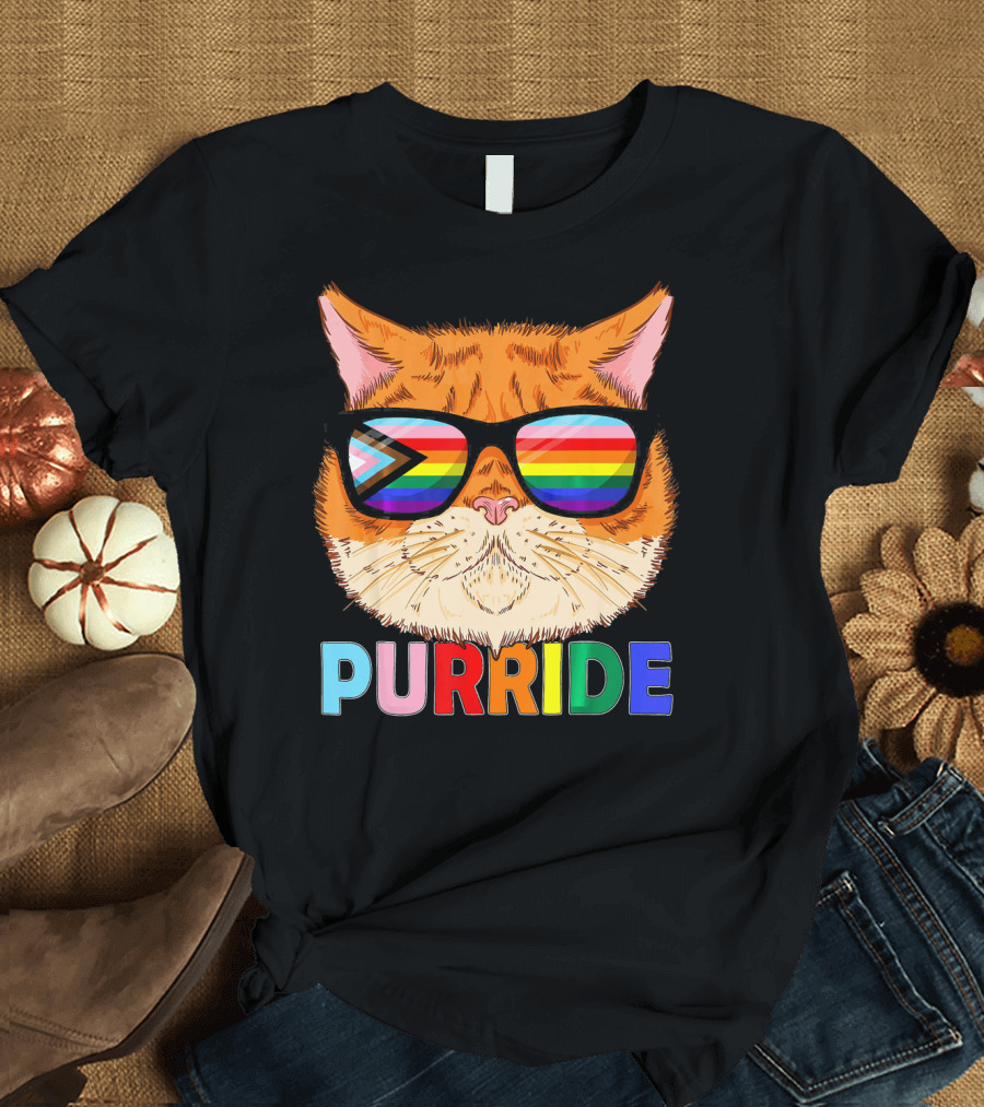Progress Pride Purride Cat Kitten Sunglasses Rainbow Flag T-Shirt
