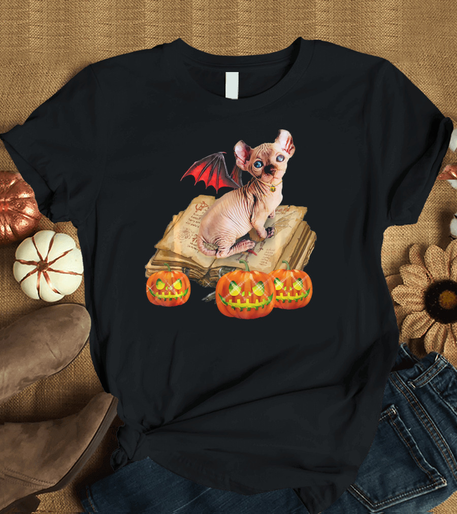 Happy Halloween Sphynx Cat with Bat Wings on Spooky Spell Book and Jack-o'-Lanterns T-Shirt