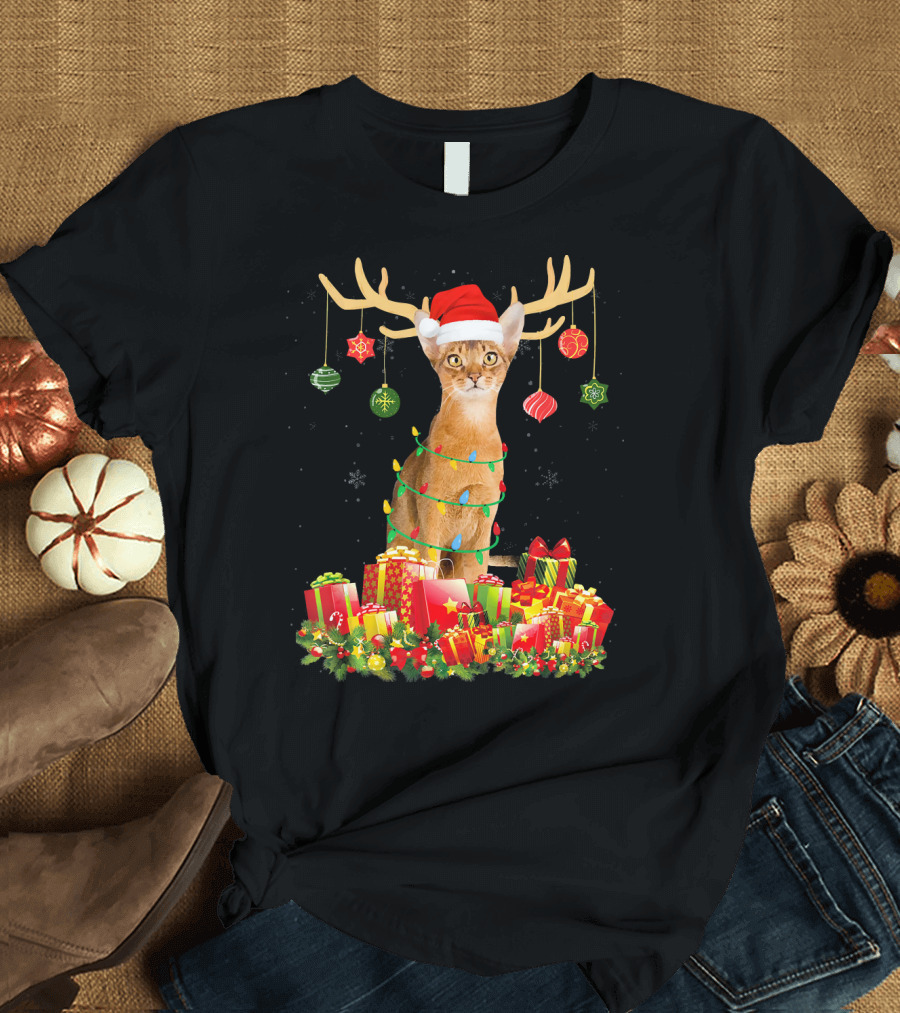 Abyssinian Cat with Santa Hat and Reindeer Antlers Surrounded by Christmas Gifts T-Shirt