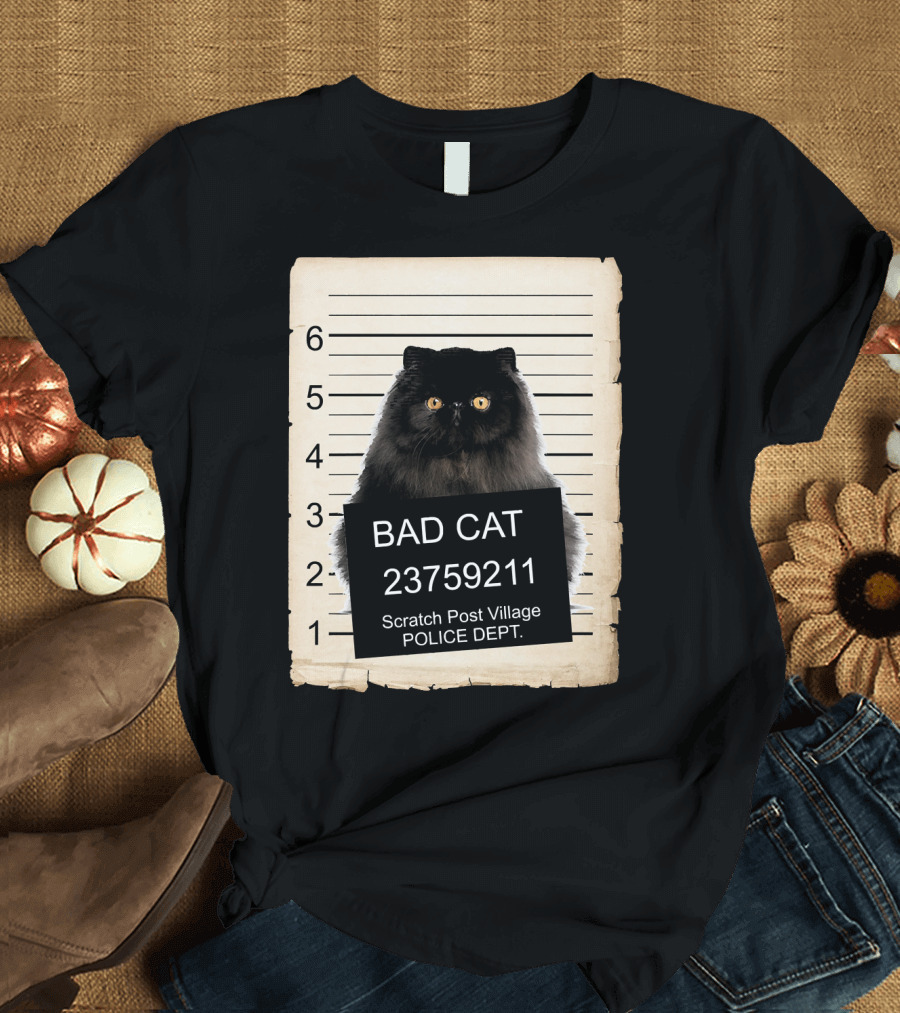 Bad Cat Persian Black Kitten Police Department Mugshot Scratch Post Village T-Shirt