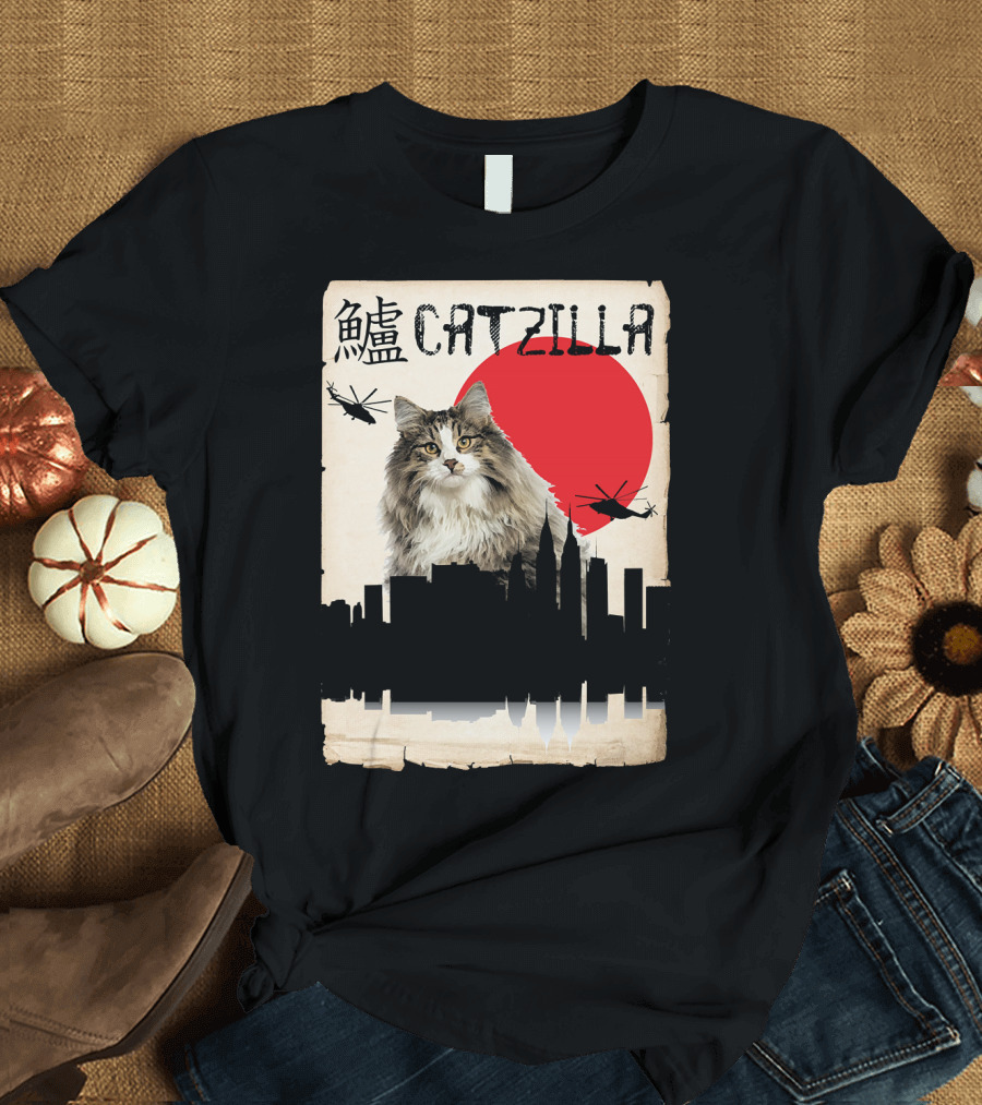 Catzilla Norwegian Forest with Helicopters and City Skyline T-Shirt