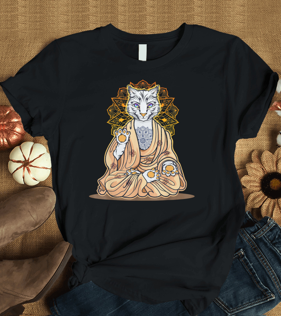 Cat Kitten Yoga Buddha Zen Meditation with Mandala Halo T-Shirt