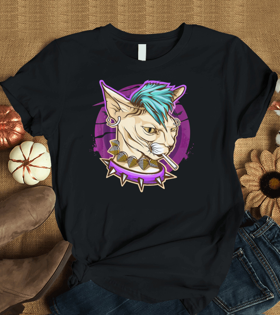 Funny Punk Sphynx Cat with Green Mohawk and Cigarette in Purple Grunge T-Shirt
