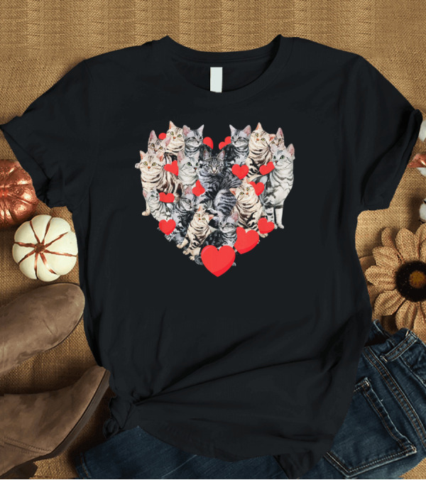T-Shirt: Valentines Day American Shorthair Cat Heart Cluster with Red Hearts T-Shirt Valentines Day American Shorthair Cat Heart Cluster with Red Hearts T-Shirt