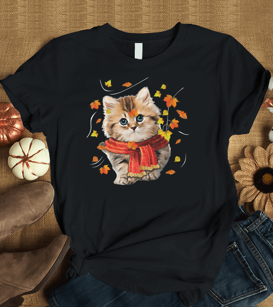 Funny Hello Autumn Kitten with Leaves and Scarf T-Shirt