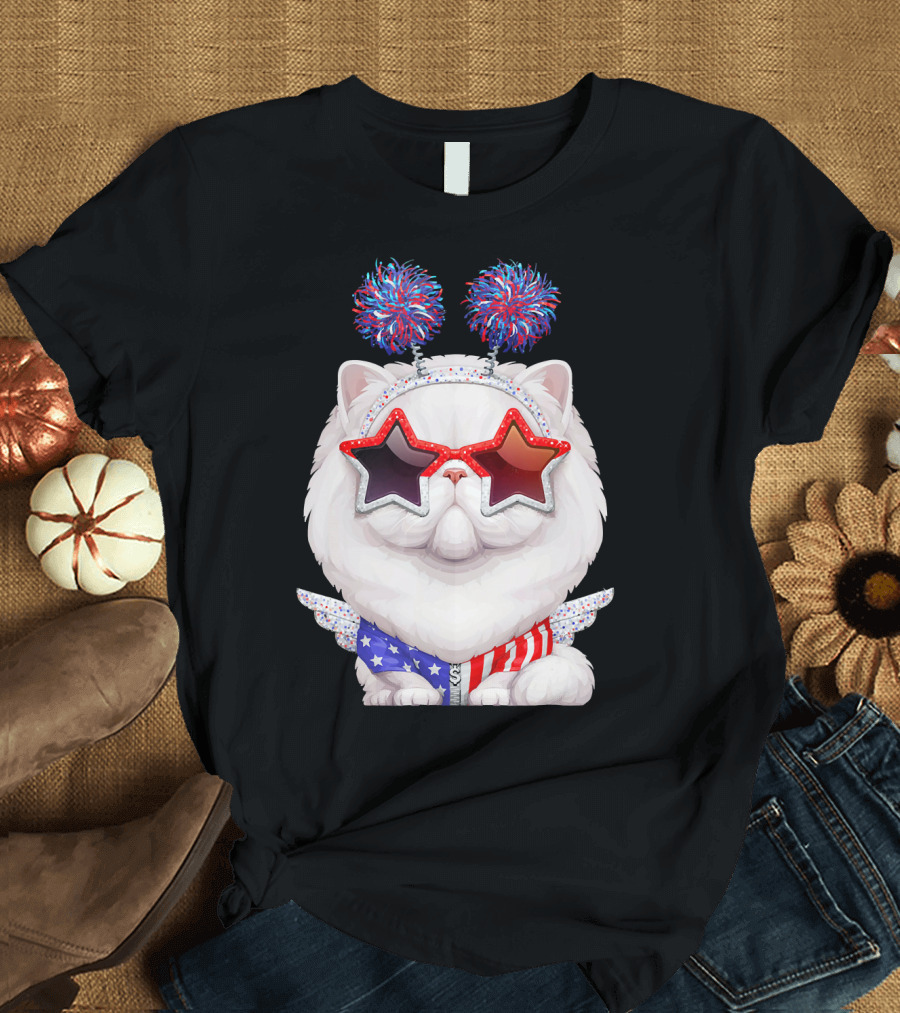 White Persian Cat American Independence Day 4th of July Star Glasses T-Shirt