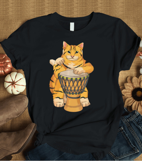 T-Shirt: Funny Cat Playing Djembe Cute Kitten Musical T-Shirt Funny Cat Playing Djembe Cute Kitten Musical T-Shirt