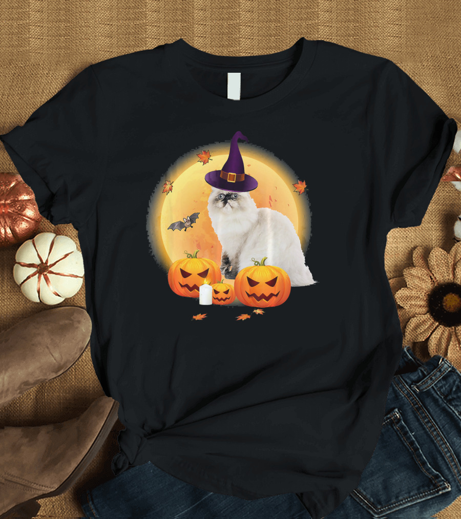 Himalayan Cat Halloween Witch Hat Pumpkins Full Moon T-Shirt