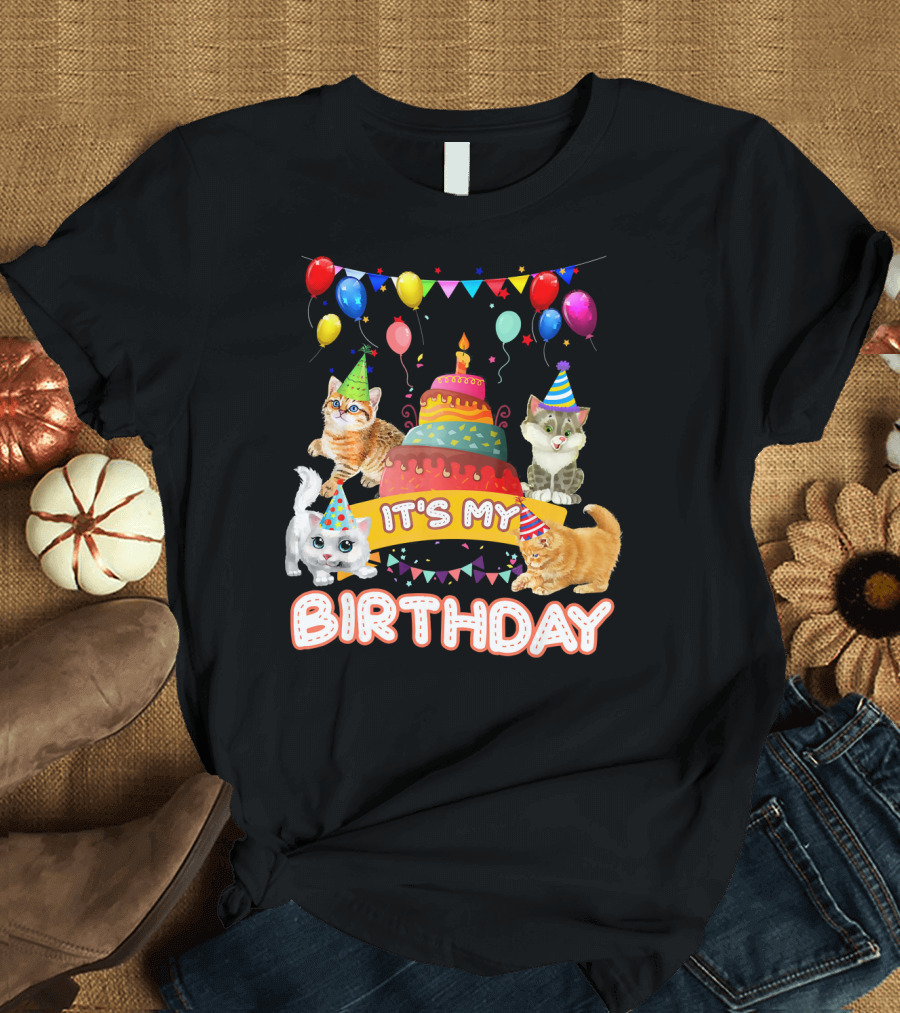 It's My Birthday Cats with Cake and Balloons Party Day T-Shirt