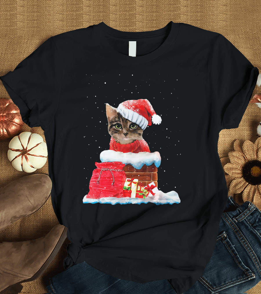 Meowy Xmas Cats Santa Hat Snow Christmas Chimney Gifts T-Shirt