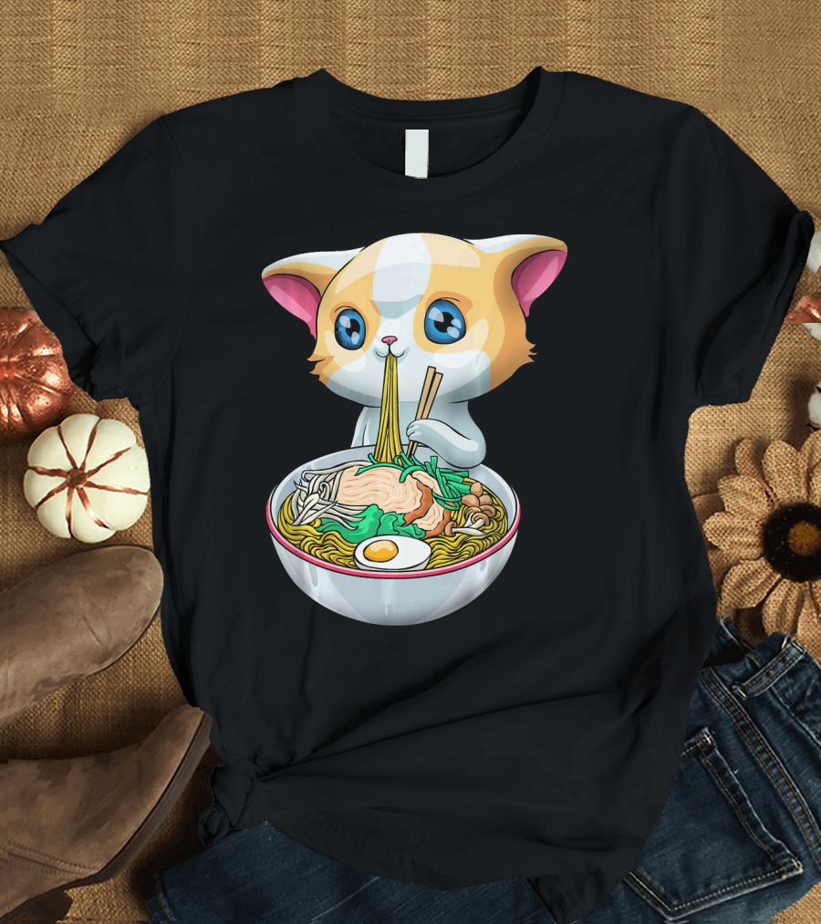Cute Kawaii Ramen Cat Anime Kitten Noodles Bowl T-Shirt