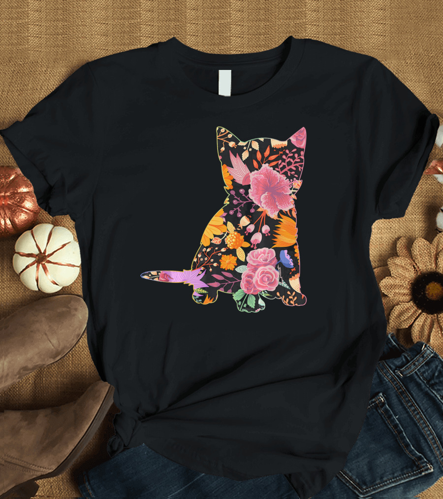 Floral Flower Vintage Retro Kitten Lover Colorful Botanical Cat T-Shirt