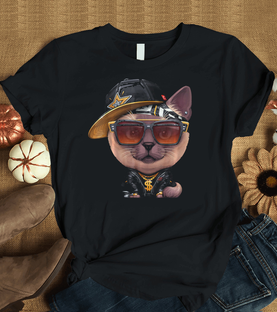 Siamese Cat Hip Hop Super Star Bling Style Cap Shades T-Shirt