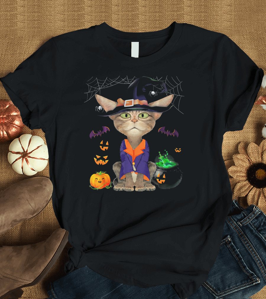 Halloween Russian Blue Cat Witch in Costume with Pumpkins and Cauldron T-Shirt