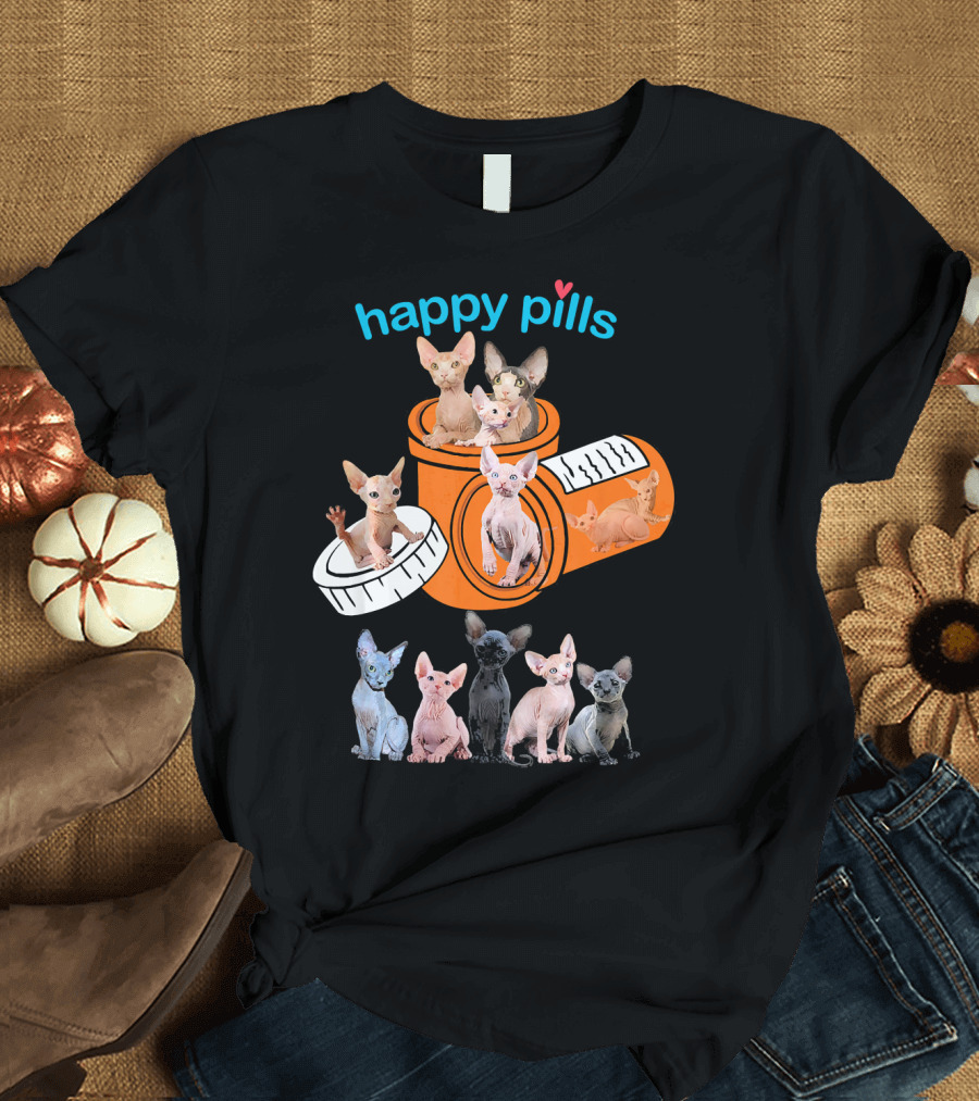 Happy Pills Sphynx Cat Lover Cats in Medicine Bottle T-Shirt