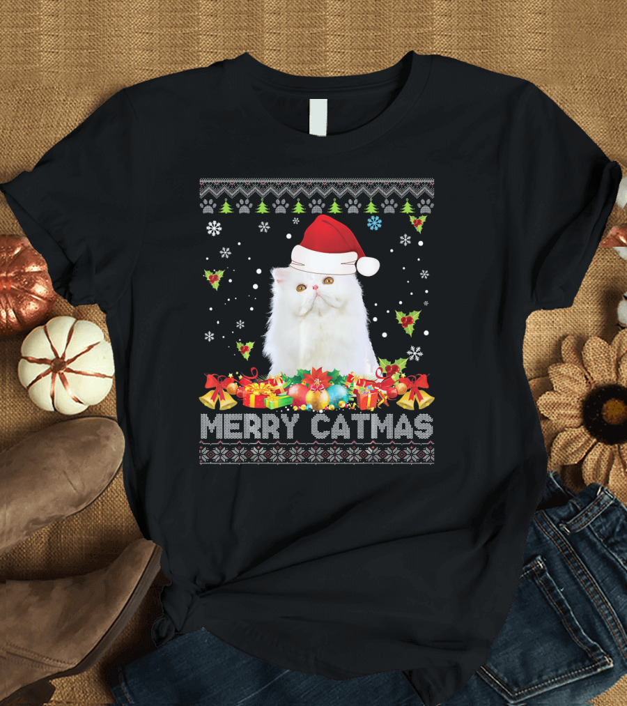 Merry Catmas Persian Cat Santa Hat Christmas Gifts T-Shirt