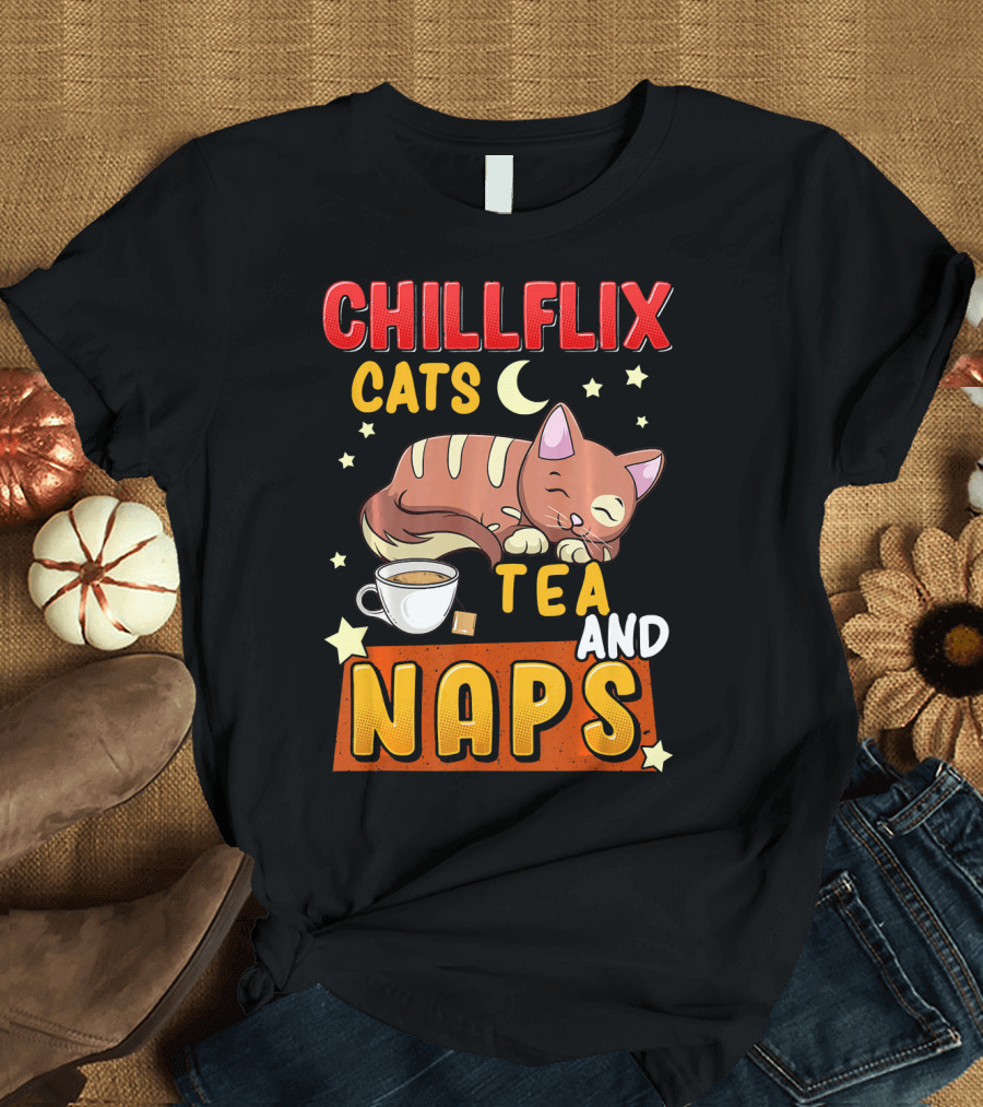 Chillflix Cats Tea and Naps Moon Stars Sleepy Kitty Coffee T-Shirt
