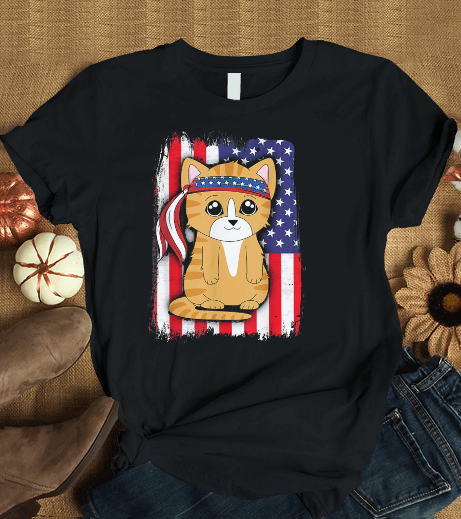 American Flag Cat Patriotic 4th of July T-Shirt
