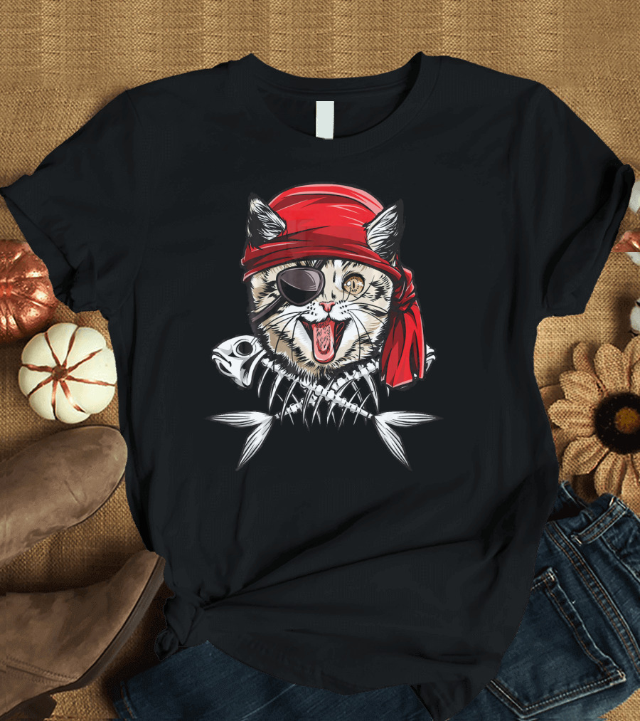 Cat Pirate Jolly Roger Flag Skull with Bandana and Eyepatch T-Shirt