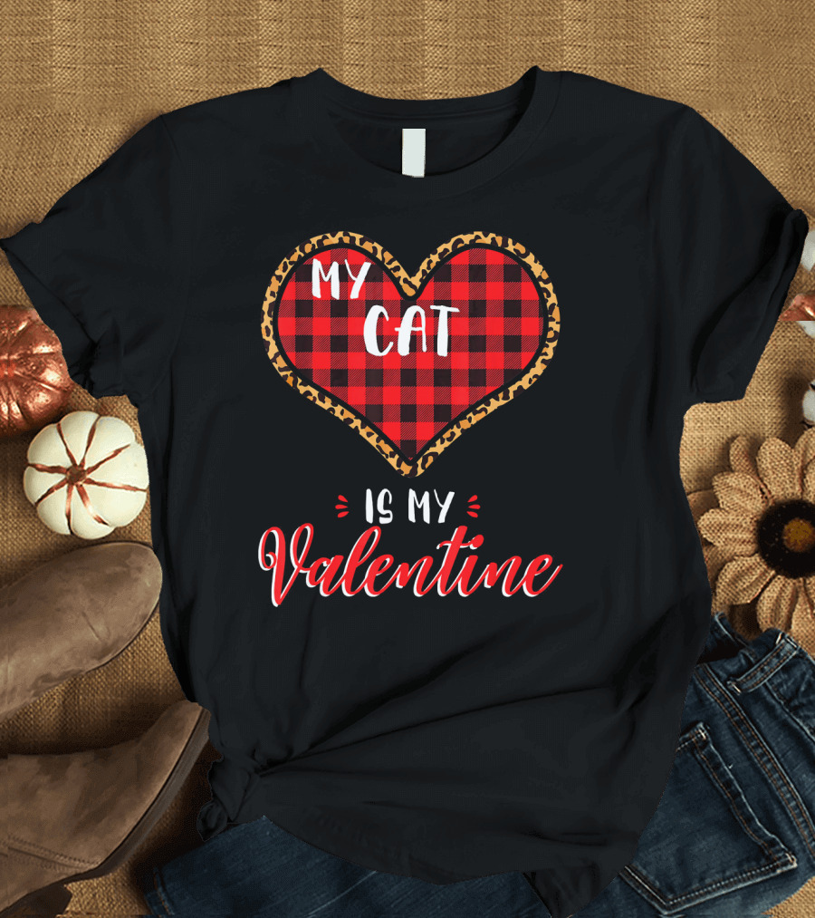 My Cat is My Valentine Leopard Buffalo Plaid Heart T-Shirt