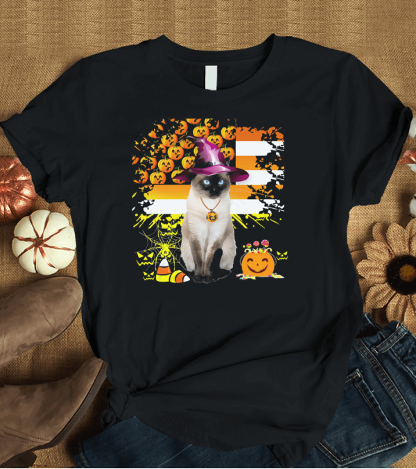 T-Shirt: Halloween Siamese Cat Witch With Pumpkins and Candy Corn T-Shirt Halloween Siamese Cat Witch With Pumpkins and Candy Corn T-Shirt