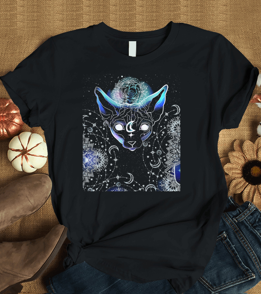Celestial Cosmic Sphynx Cat Black Metal Gothic Moon Stars T-Shirt