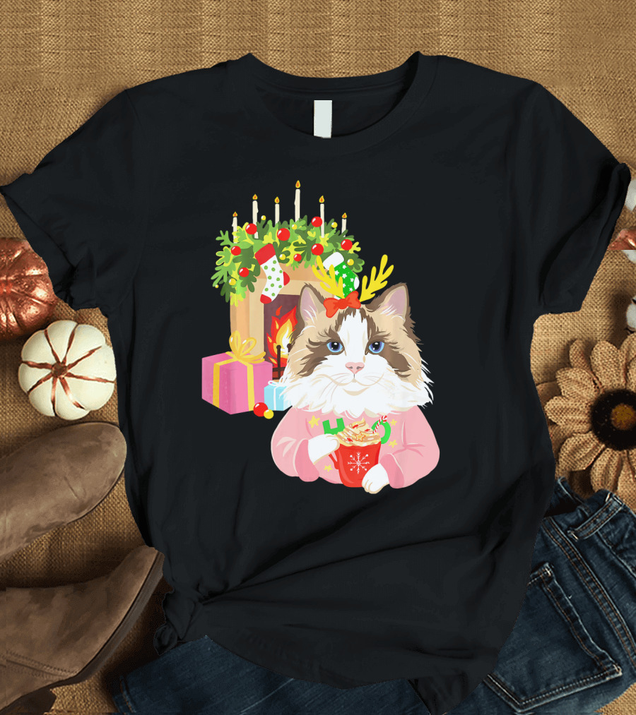Christmas Ragdoll Cat by Fireplace with Gifts and Hot Cocoa T-Shirt