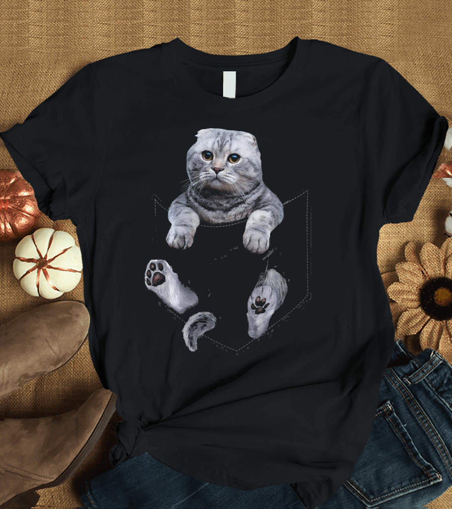 Scottish Fold Cat in Pocket Playful Feline Charm T-Shirt