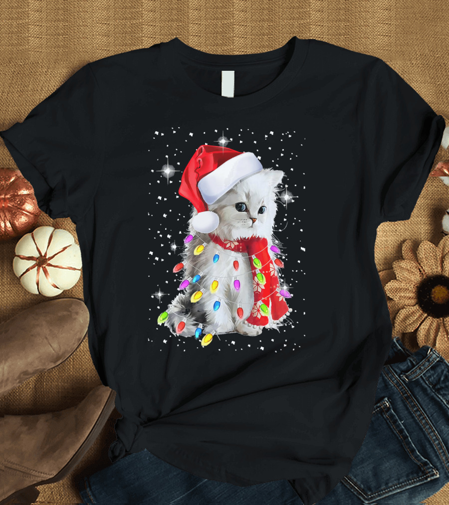 Santa Hat Cat Wrapped in Christmas Lights and Scarf in Snow Scene T-Shirt