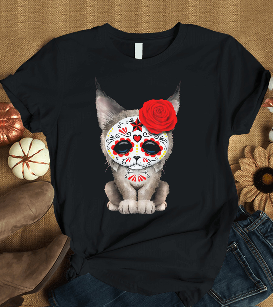 Sugar Skull Lynx Cub with Red Rose Day of the Dead T-Shirt