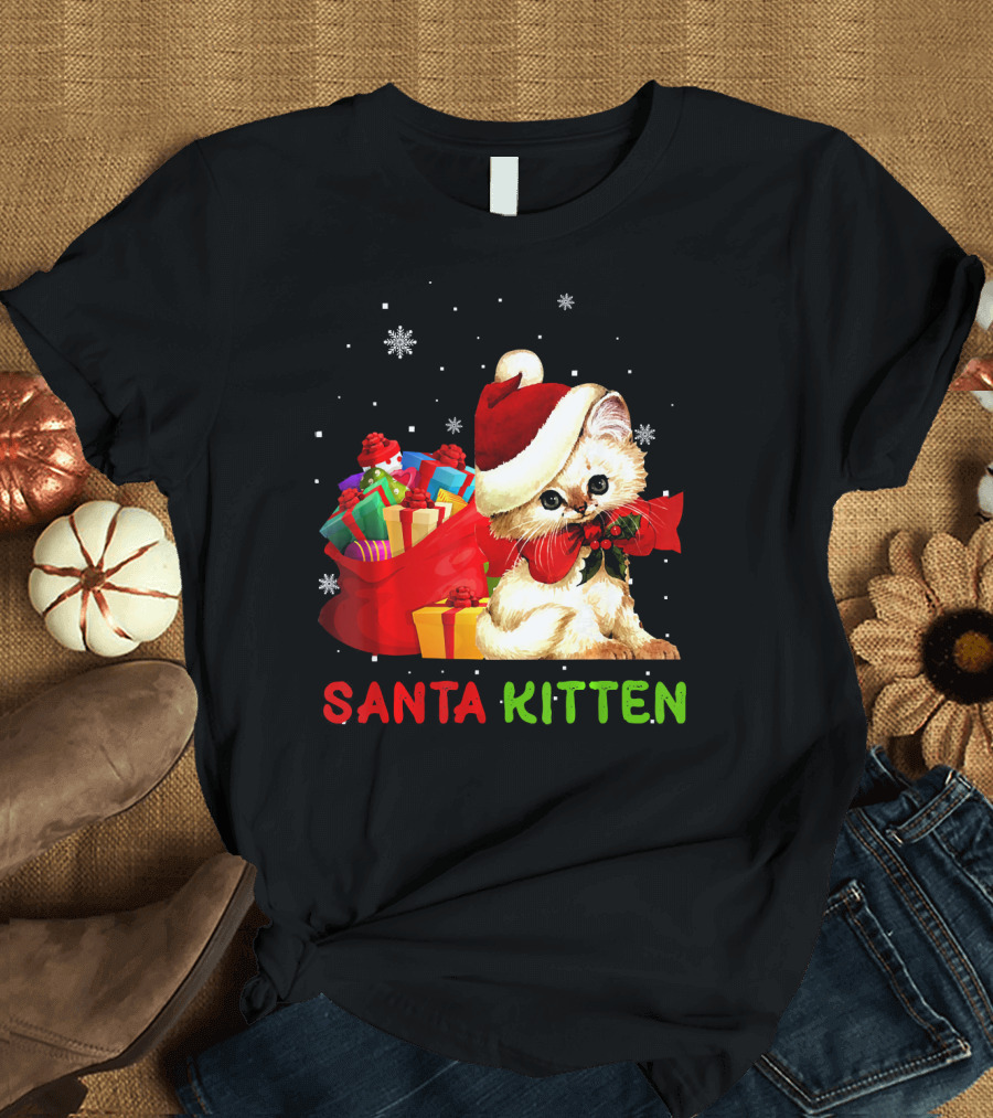 Santa Kitten with Festive Gifts and Snowflakes T-Shirt