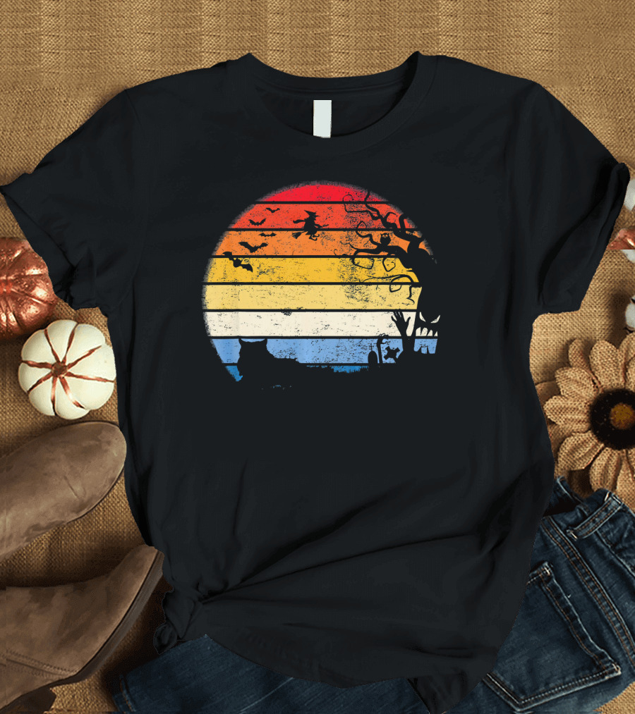 Himalayan Persian Cat Halloween Moon Silhouette Witch Bats Vintage Sunset T-Shirt