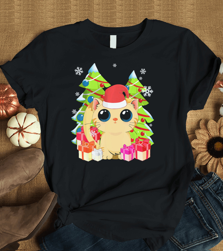 Cute Cat Santa Christmas Kitten with Gifts and Trees T-Shirt