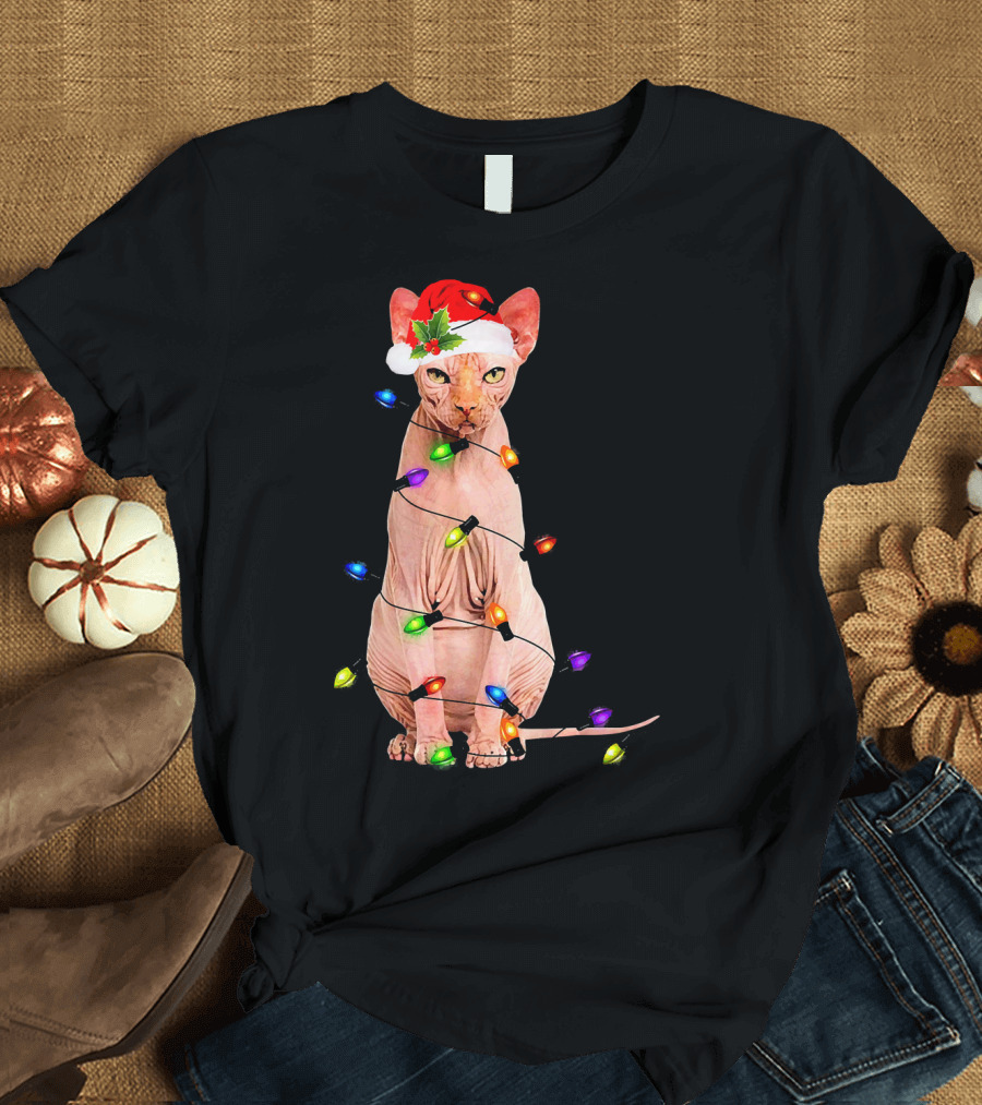 Santa Sphynx Cat Wrapped in Colorful Christmas Lights T-Shirt