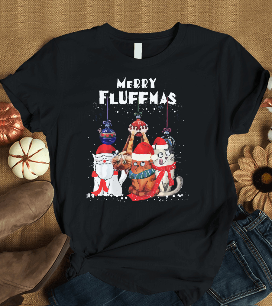 Merry Fluffmas Christmas Cats in Festive Hats with Ornaments T-Shirt