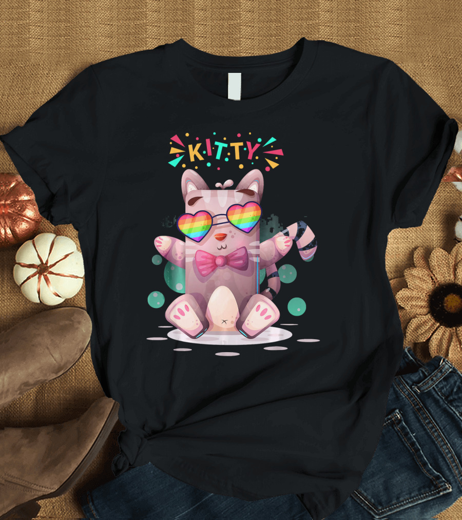 Kitty Rainbow Sunglasses Cat with Bow Tie and Festive Confetti T-Shirt