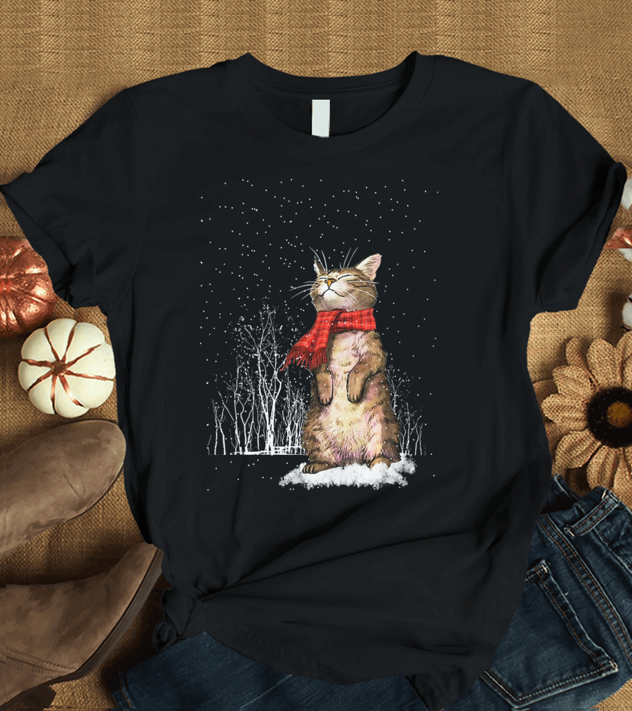 Meowy Xmas Cats Christmas Snow Kitten with Red Scarf in Winter Woodland Snowfall T-Shirt