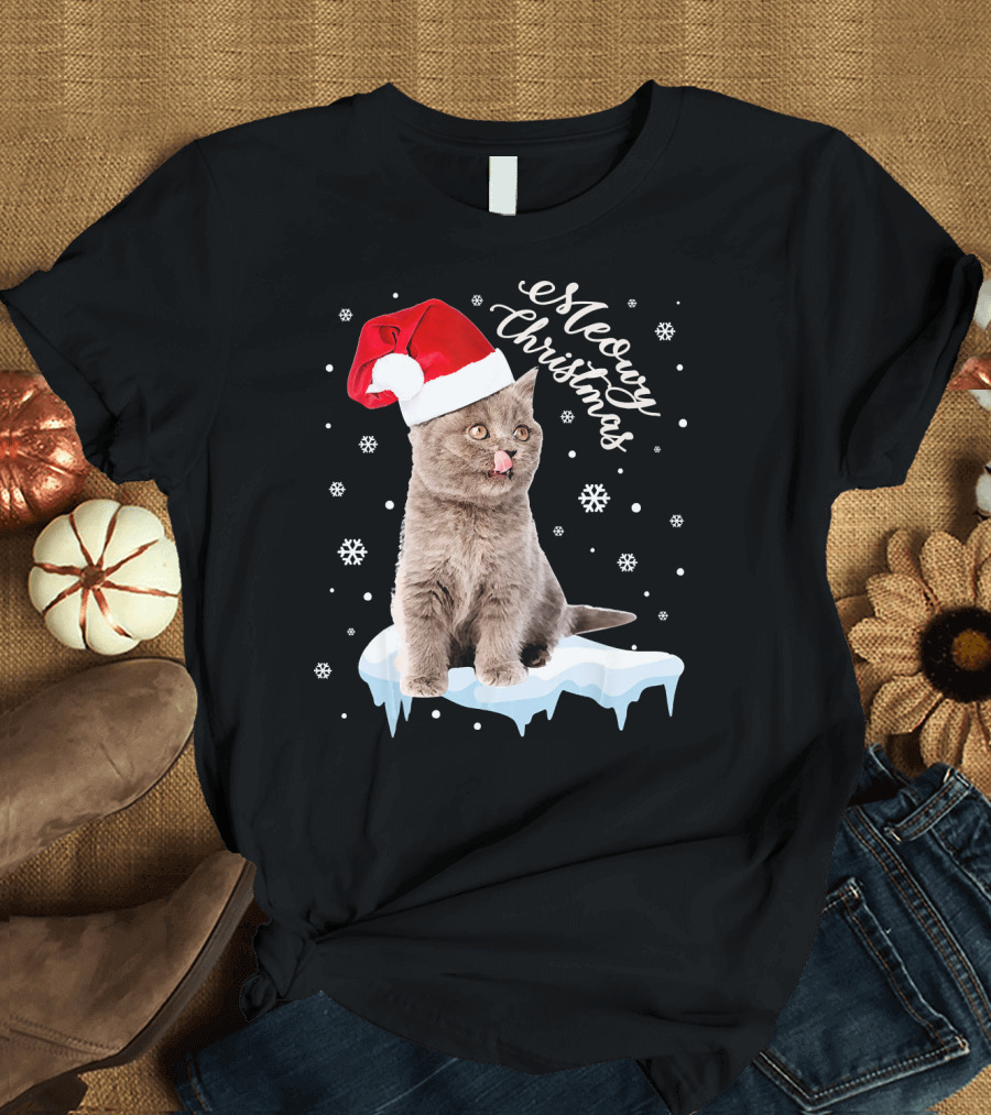 Meowy Christmas Cat Kitten Santa Hat Snowflakes T-Shirt