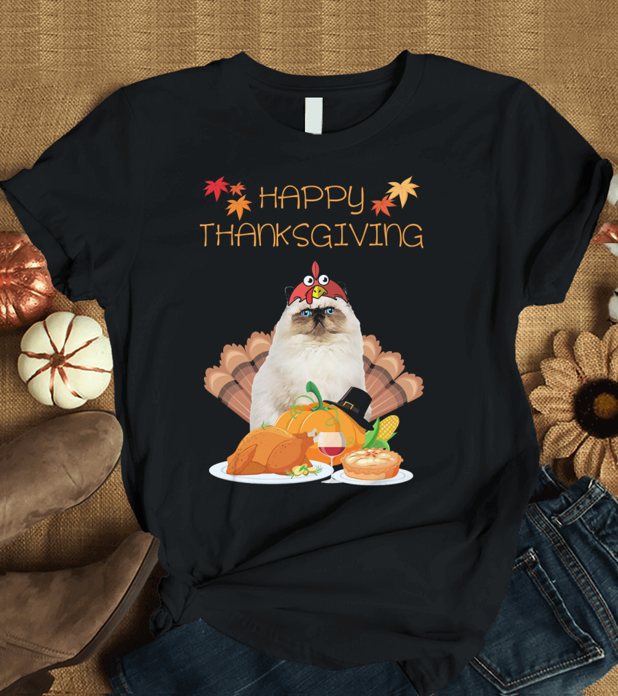 Himalayan Cat Happy Thanksgiving Turkey Hat and Feast T-Shirt