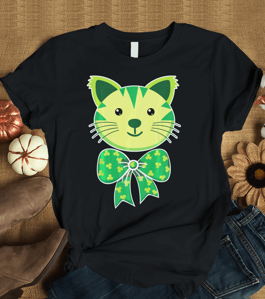 Kitten Bow Tie with Shamrocks as Cute St Patricks T-Shirt