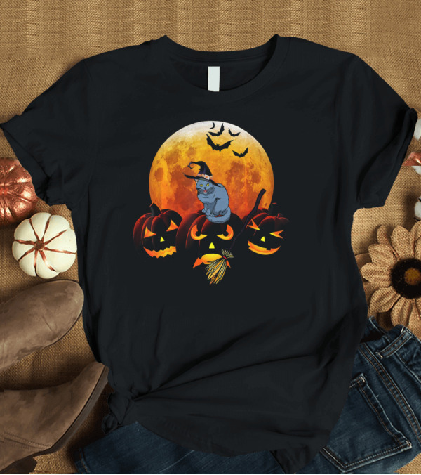 T-Shirt: Russian Blue Cat Costume Funny Halloween Pumpkins Moon Bats T-Shirt Russian Blue Cat Costume Funny Halloween Pumpkins Moon Bats T-Shirt