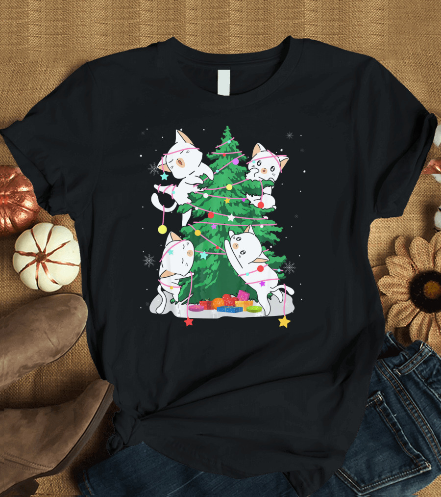 Playful Kittens Wrapping Christmas Tree with Colorful Garland T-Shirt
