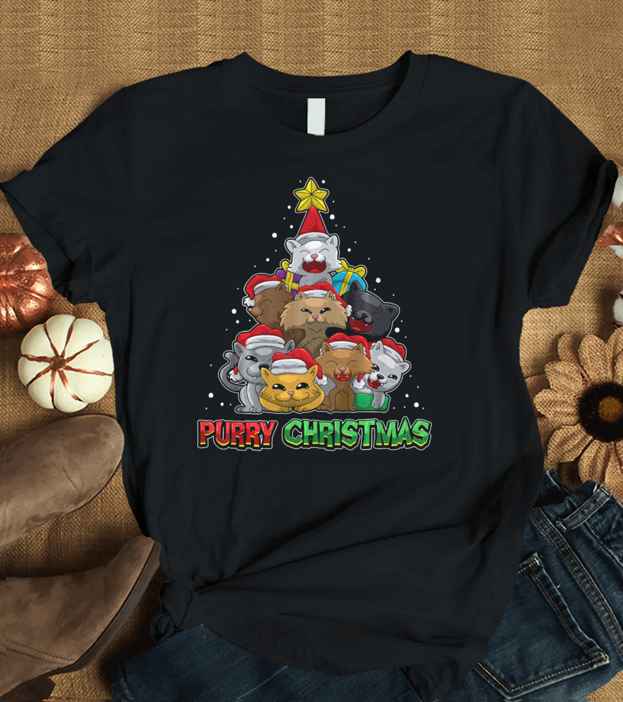 Purry Christmas Santa Hat Cats Tree Stars T-Shirt