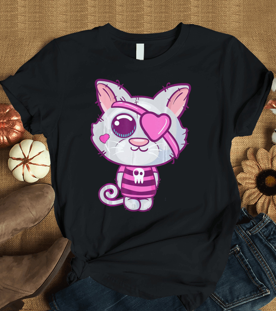 Cute Pirate Cat with Skull Eyepatch and Heart Details T-Shirt