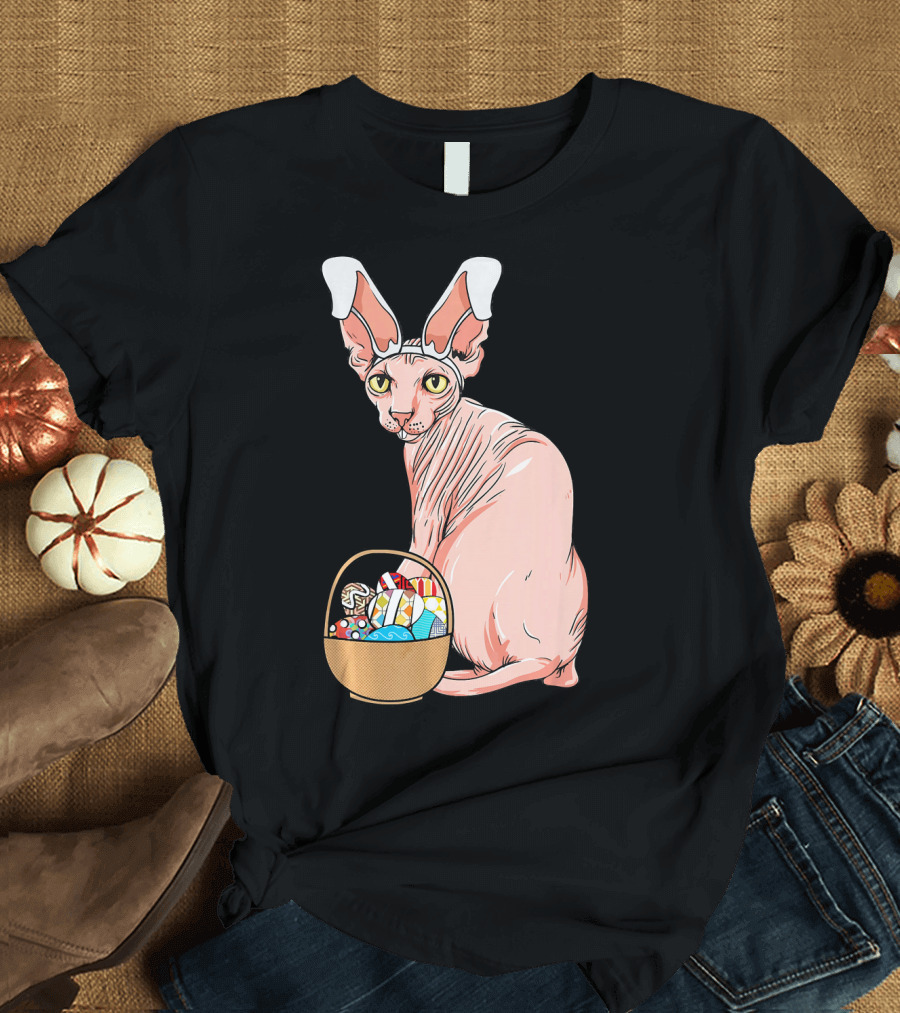 Exotic Sphynx Hairless Feline with Easter Bunny Ears and Candy Basket T-Shirt